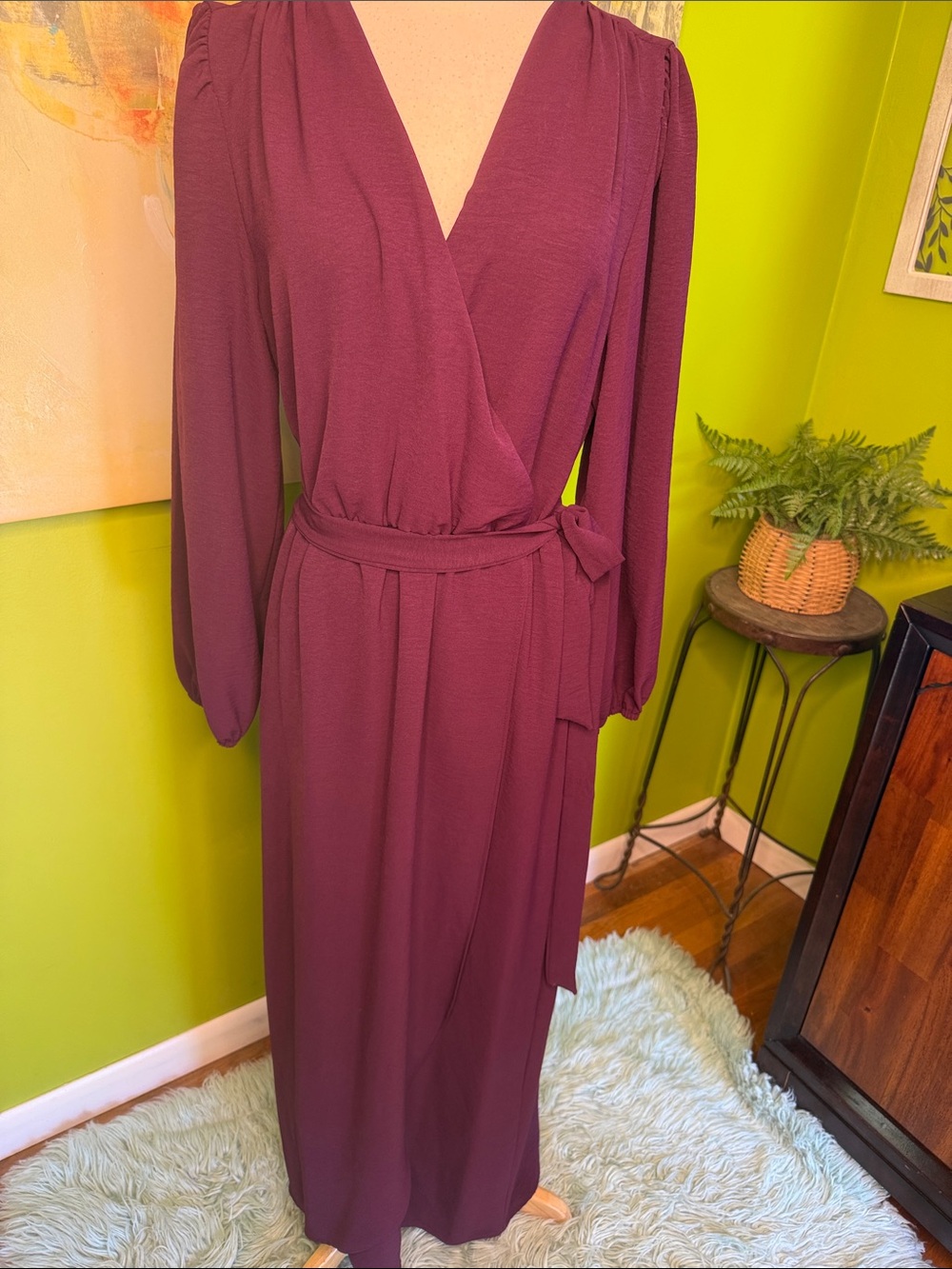 connected apparel Plum Wrap Maxi Dress with Tie Waist